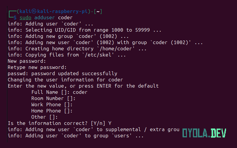 Agregando el usuario coder al sistema con el comando useradd de Linux.