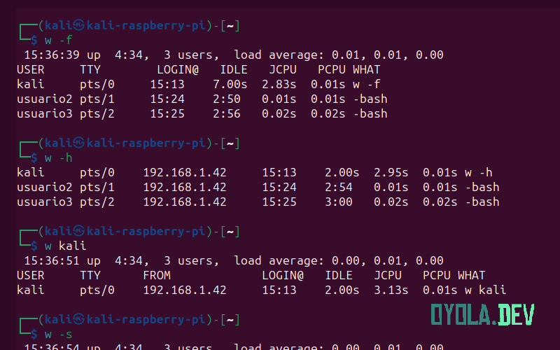 Haciendo uso del comando w de Linux con diferentes opciones: -f, -h e indicando el usuario.